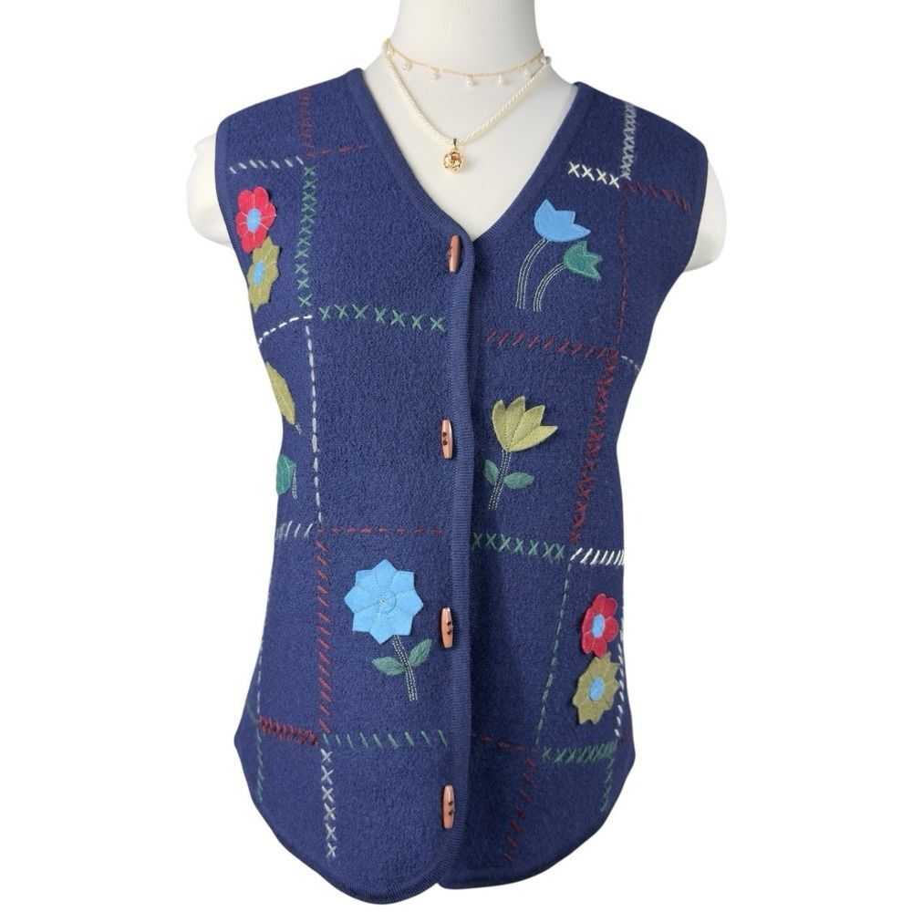 Classic Elements Wool Sweater Vest XL Blue Floral Appliqué Cottagecore - Picture 2 of 9